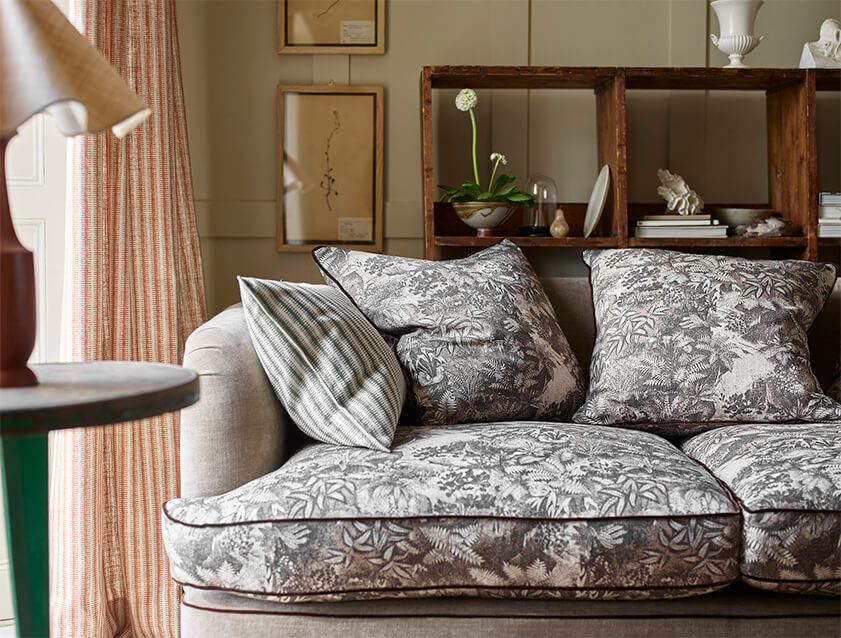 Helmsley 3 seater sofa in Spill Resistant RHS Ferns Toile Bark and Warwick Manhattan Acorn